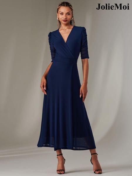 Jolie Moi Navy Zeena Plain Wrap Mesh Maxi Dress (AY5828) | € 117