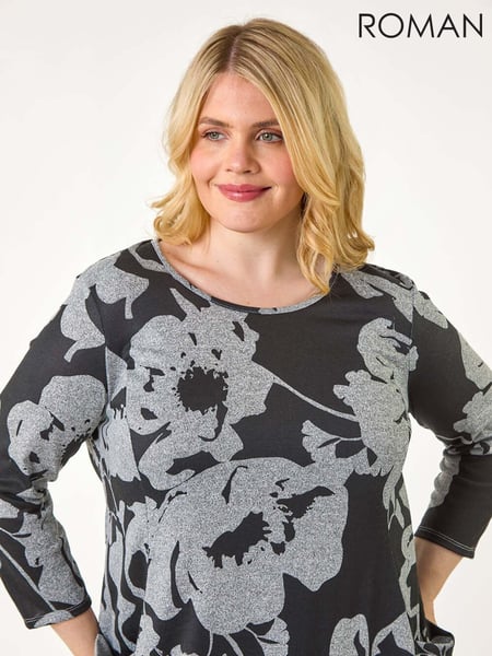 Roman Grey Curve Floral Print Pocket Tunic Top (AY6203) | € 55