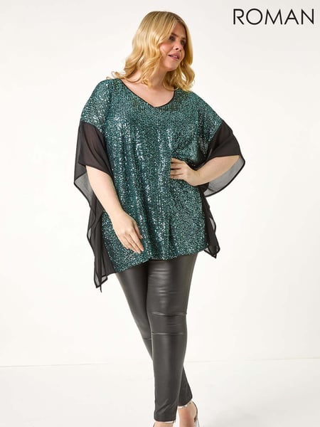 Roman Green Curve Full Sequin Chiffon Overlay Top (AY6216) | € 78
