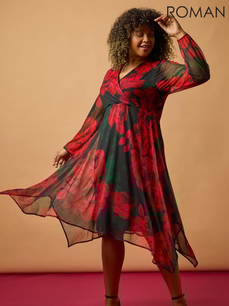 Roman Red Curve Floral Print Wrap Stretch Midi Dress (AY6217) | € 86
