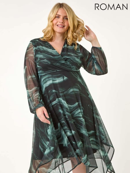 Roman Grey Curve Abstract Print Wrap Stretch Midi Dress (AY6218) | € 86