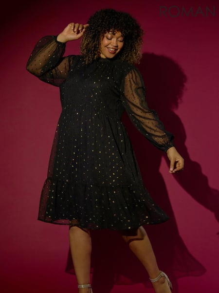 Roman Metallic Curve High Neck Overlay Swing Dress (AY6295) | € 84