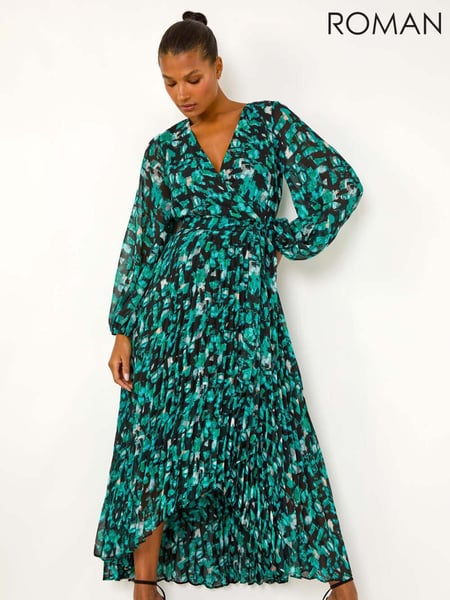 Roman Blue Abstract Print Wrap Front Pleated Maxi Dress (AY6677) | € 125