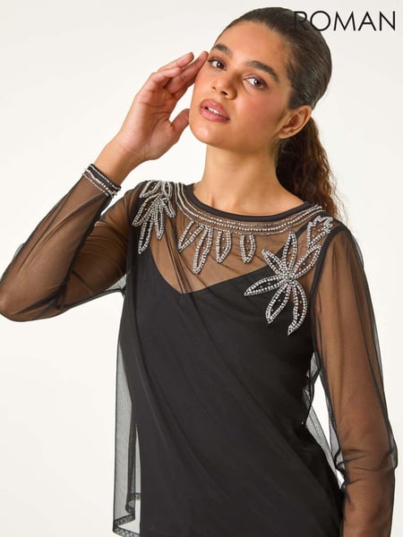 Roman Black Embellished Sequin Mesh Top (AY6686) | € 66