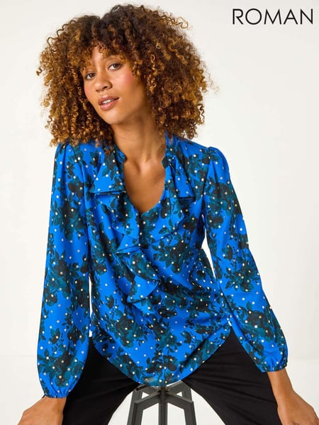 Roman Blue Foil Floral Print Ruffle Front Top (AY6702) | € 62