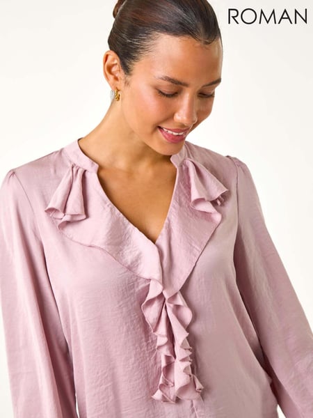 Roman Pink Light Satin Ruffle Front V-Neck Top (AY6703) | € 62