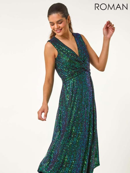 Roman Green Sequin Wrap Twist Front Midi Dress (AY6719) | € 125