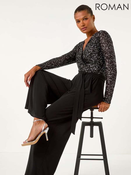 Roman Black Sequin Wrap V-Neck Stretch Jumpsuit (AY6721) | € 86