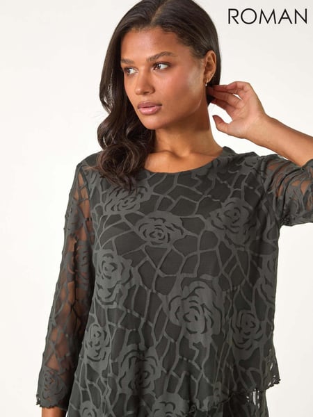 Roman Green Burnout Rose Print Detail Asymmetric Tunic (AY7272) | € 62