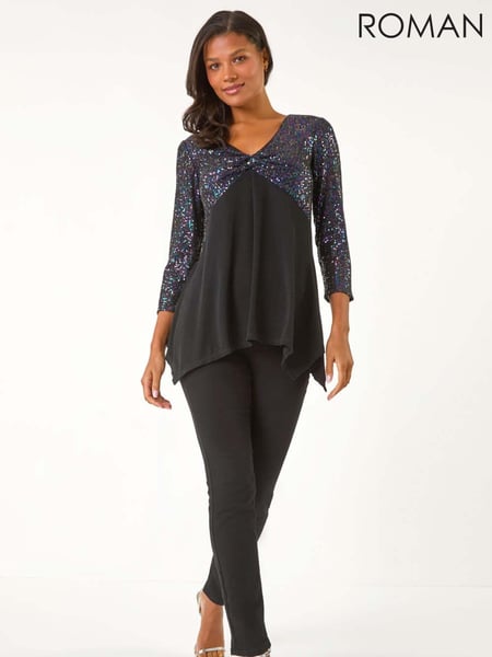 Roman Purple Sequin Bodice V-Neck Stretch Tunic Top (AY7273) | € 66