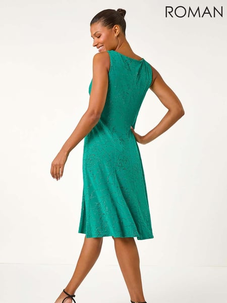 Roman Green Floral Print Glitter Midi Stretch Dress (AY7278) | € 86