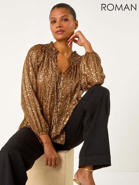 Roman Metallic Tie Front Animal Print Blouse (AY7297) | € 66