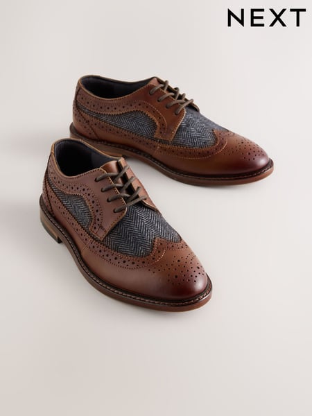 Tan Brown Herringbone Detail Standard Fit (F) Leather Laceup Brogue Shoes (AY7373) | € 43 - € 57