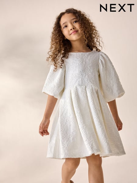 Cream Textured Puff Sleeve Occasion Dress (3-16yrs) (AY7413) | € 40 - € 48