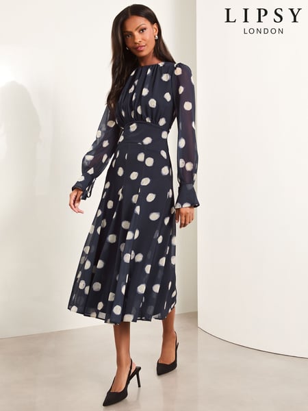 Lipsy Navy Spot Long Sleeve Gathered Waist Midi Dress (AY7627) | € 115