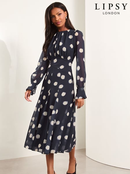Lipsy Navy Spot Petite Long Sleeve Gathered Waist Midi Dress (AY7632) | € 115