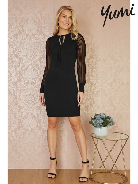 Yumi Black Rib Knit Fitted Dress With Sheer Sleeve Design (AY8521) | € 86