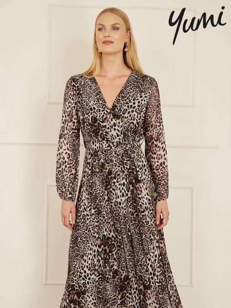Yumi Brown Leopard Print Pleated Long Sleeve Wrap Midi Dress (AY8524) | € 101