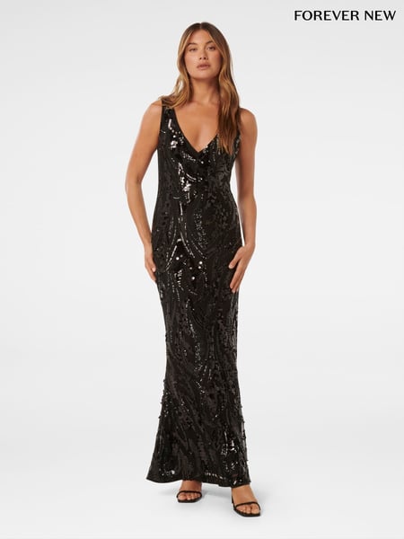 Forever New Black Marlena V-Neck Sequin Gown (AY8562) | € 93