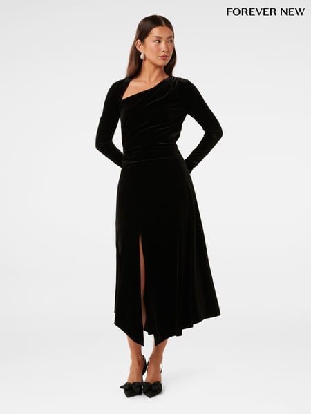 Forever New Black Sawyer Asymmetrical Velvet Dress (AY8567) | € 93