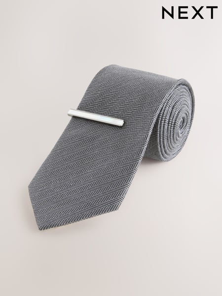 Grey Herringbone Tie with Mother of Pearl Tie Clip (AY9013) | € 45