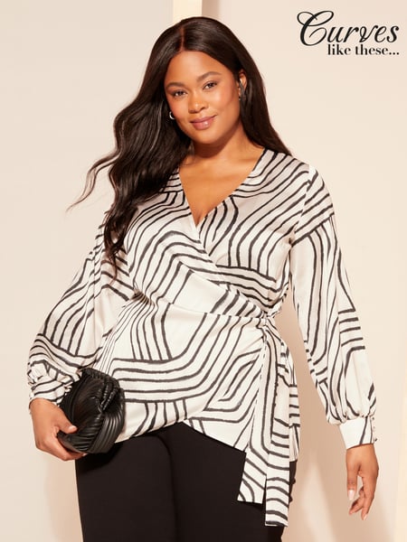Curves Like These White Long Sleeve Satin Wrap Blouse (AY9214) | € 39