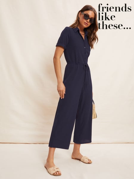 Friends Like These Blue Jersey Short Sleeve Button Up Wide Leg Jumpsuit (AY9277) | € 69