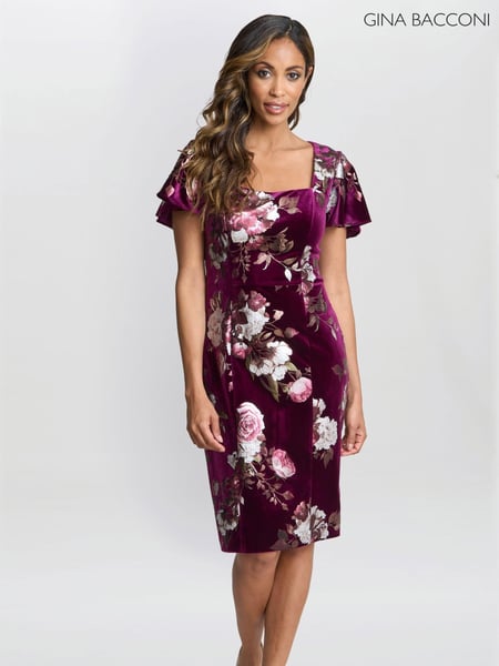 Gina Bacconi Paulina Square Neck Foil Printed Velvet Dress (AY9475) | € 343
