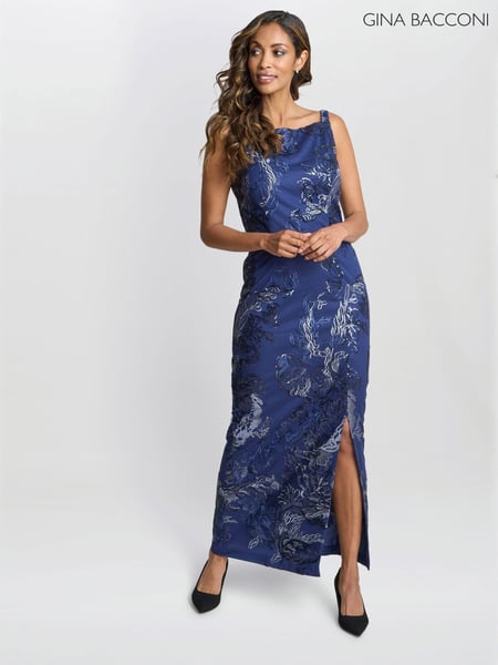 Gina Bacconi Blue Blake Floral Sequin Ankle Length Dress (AY9484) | € 249