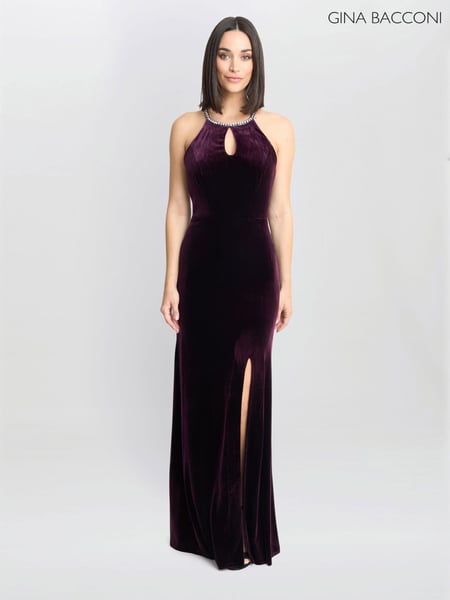 Gina Bacconi Purple Deedee Velvet Halter Keyhole Maxi Dress (AY9485) | € 406