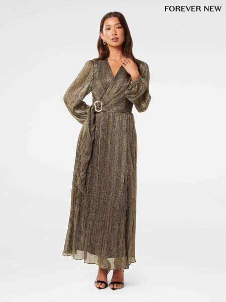 Forever New Gold Tyler Plisse Belted Midi Dress (AY9537) | € 117