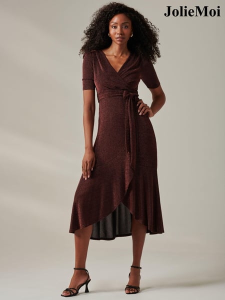 Jolie Moi Red Metallic Tie Waist Wrapped Maxi Dress (AY9659) | € 123