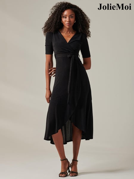 Jolie Moi Black Metallic Tie Waist Wrapped Maxi Dress (AY9665) | € 123