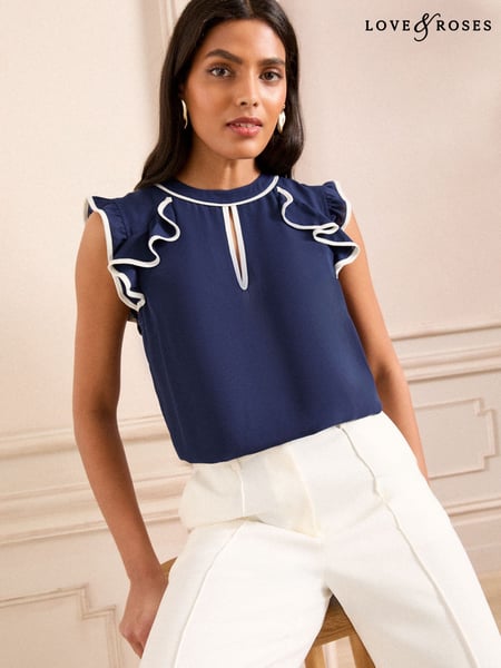 Love & Roses Navy Short Sleeve Ruffle Blouse (AY9825) | € 50