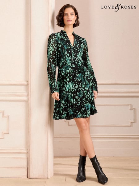 Love & Roses Green Smudge PU Trim V Neck Pleated Mini Dress (B00447) | € 45
