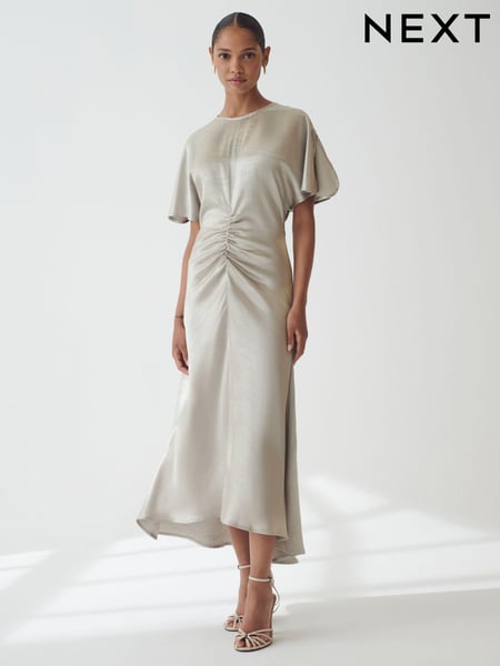 Silver Ruched Satin Crinkle Midi Dress (B04686) | € 28