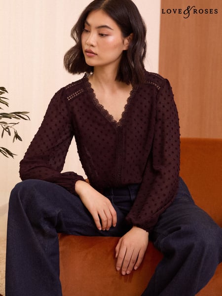 Love & Roses Berry Red V Neck Lace Trim Dobby Blouse (B04727) | € 38