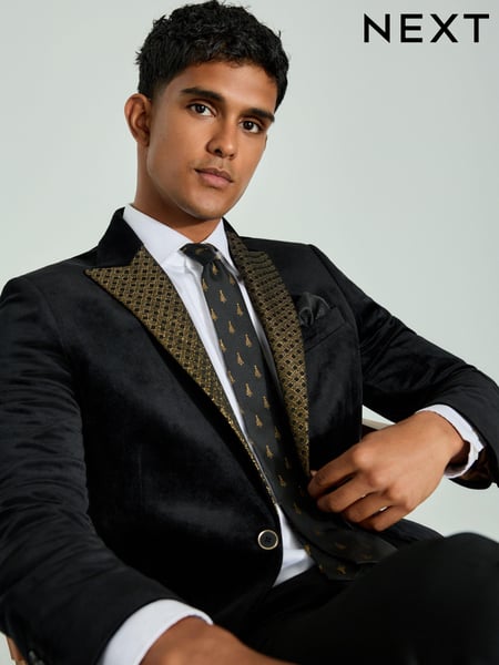 Black/Gold Lapel Geo Detail Velvet Blazer (B05093) | € 46