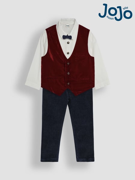 JoJo Maman Bébé Burgundy Velvet Waistcoat Shirt and Trousers Set (B05365) | € 78
