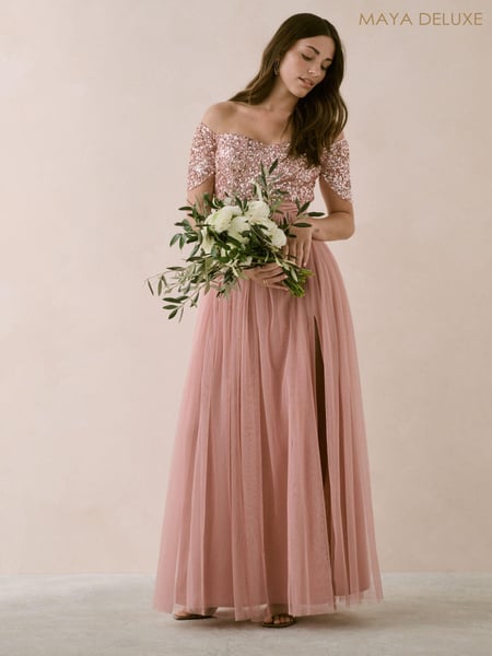 Maya Pink Embellished Sweetheart Bardot Maxi Bridesmaid Dress With Split (B06253) | € 82