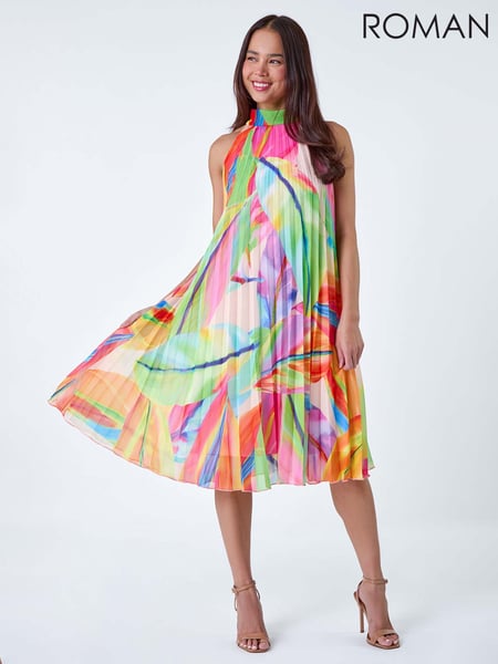 Roman Orange Tropical Halter Neck Pleated Dress (B06265) | € 90