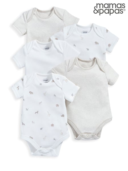 Mamas & Papas Born Wild Short Sleeve 100% Cotton Brown Bodysuits 5 Pack (B06807) | € 28