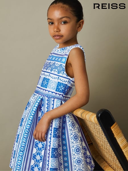 Reiss Blue Print Lena 9-13 yrs Tile Print Scuba Fit-and-Flare Dress (B07000) | € 94