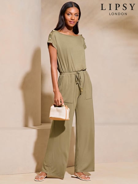 Lipsy Khaki Green Petite Miltary Button Shorts Sleeve Jersey Jumpsuit (B07796) | € 27
