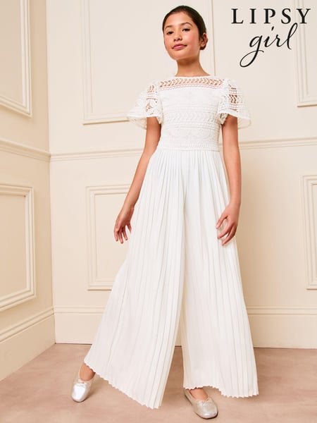 Lipsy White Flutter Sleeve Lace Occasion Jumpsuit (5-16yrs) (B11127) | € 51 - € 59