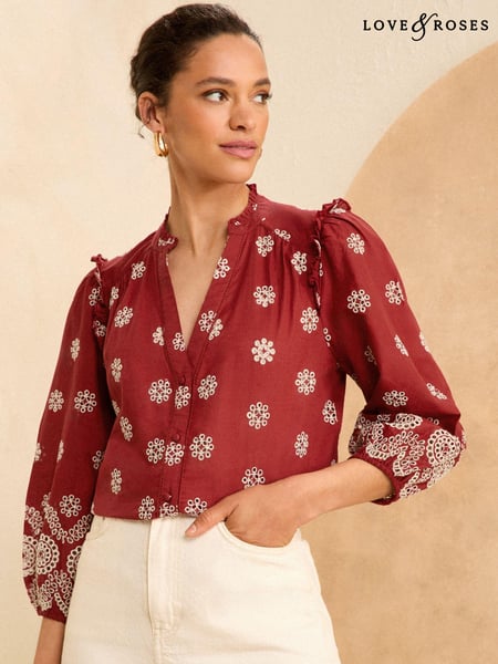Love & Roses Rust Orange Broderie Petite Embroidered V Neck 3/4 Sleeve Blouse (B12466) | € 0