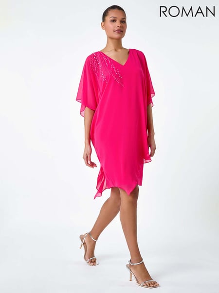 Roman Pink Embellished Cold Shoulder Overlay Dress (B12940) | € 43