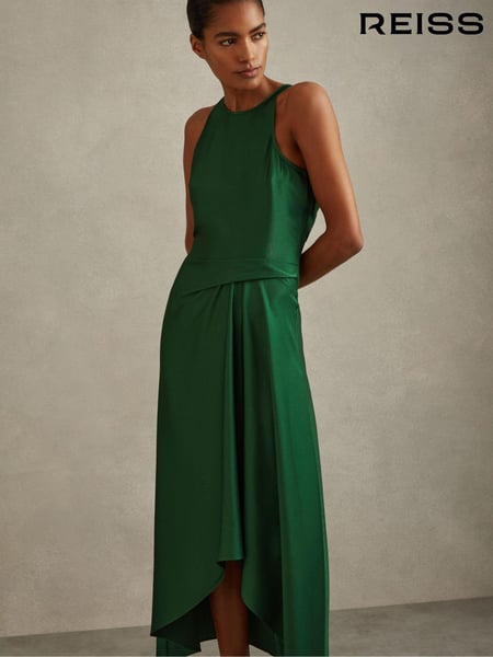 Reiss Green Micah Petite Satin Drape Tuck Midi Dress (B15439) | € 246