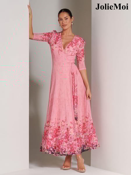 Jolie Moi Pink Peggy Ruched Sleeve Wrap Mesh Maxi Dress (B15526) | € 123