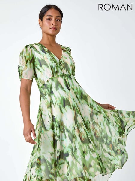 Roman Green Abstract Print Hanky Hem Chiffon Dress (B16320) | € 90